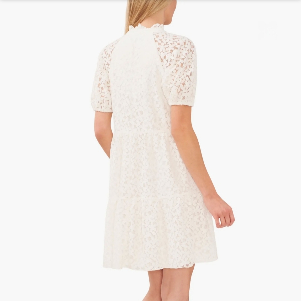 CeCe White Floral Lace Tiered Babydoll V-Neck Puff Sleeve Dress Size Small - Picture 2 of 16